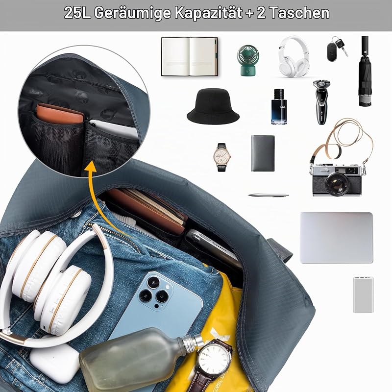 Reisetasche Handgepäck Wizzair 40x30x20, 25L Faltbare Weekender Sporttasche Taschen Koffer Tasche Wasserdicht Nylon Umhängetasche Hospital Bag Kabine Handtaschen,Grau