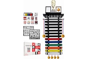 ESSENTURA 12 Belt Karate Belt Display Rack with Trophy Mount, Bamboo, Themed Stickers, Medal Hangers - Taekwondo Belt Display, Jiu Jitsu, BJJ, Martial Arts