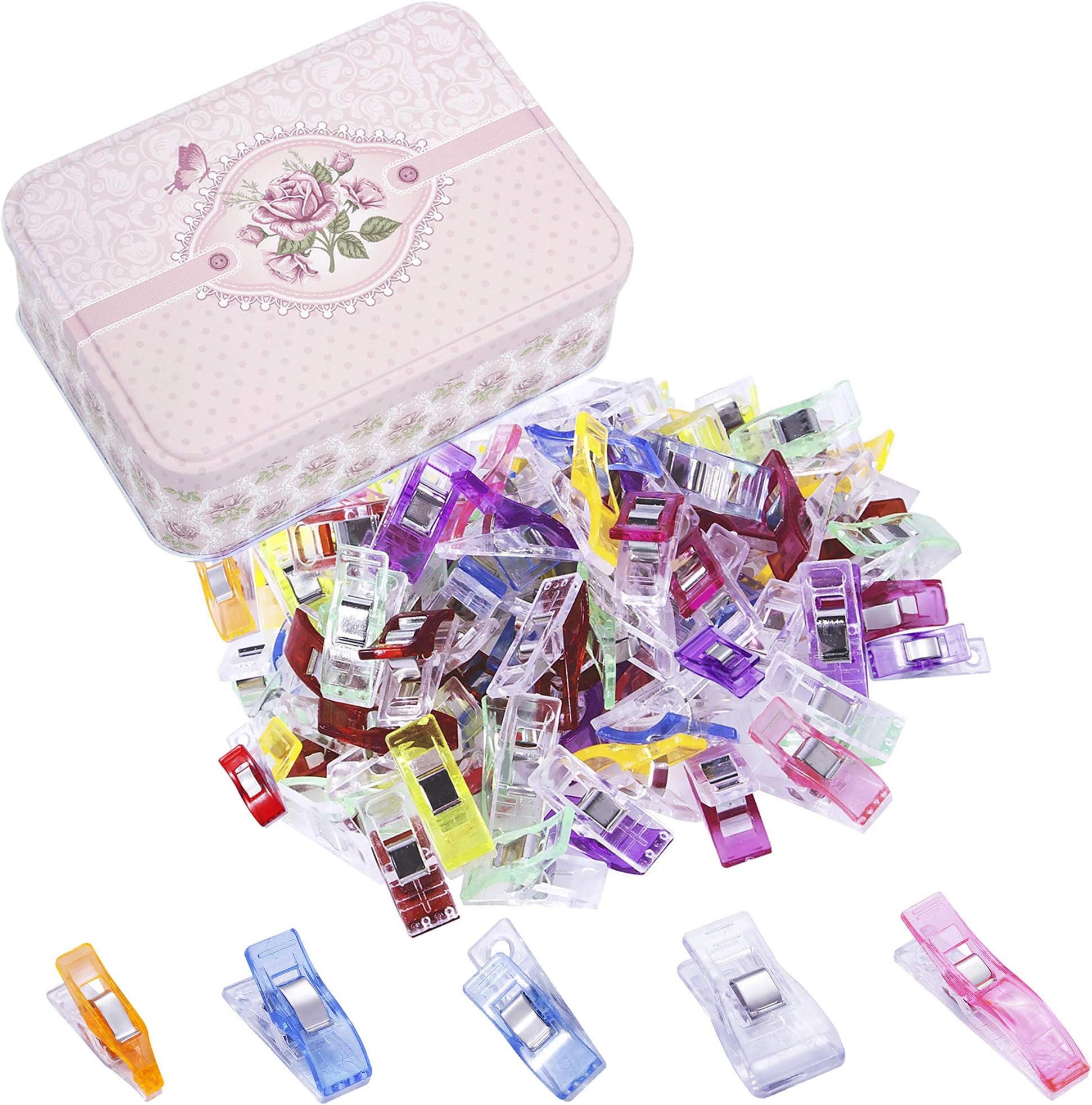 150 Pcs Wonder Clips, Multipurpose Clips for Sewing, Crafting, Quilting, Crocheting, Knitting No Pins Safety Clips with Tin Box Quilting Quilt Clips Fabric Clips Binding Assorted Colored Clips