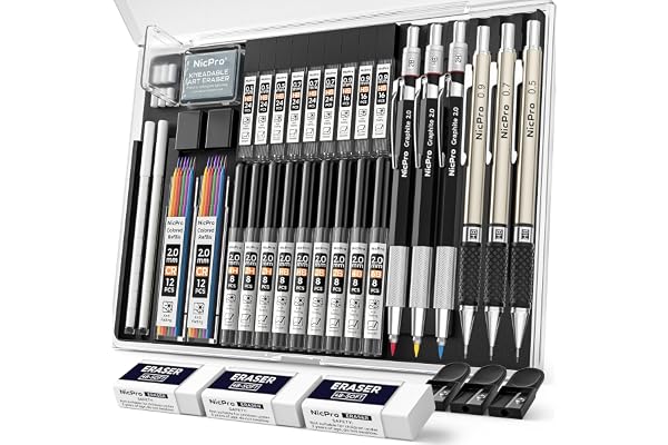 Nicpro 35PCS Art Mechanical Pencil Set, 3 PCS Metal Drafting Pencil 0.5 mm & 0.7 mm & 0.9 mm & 3 PCS 2mm Lead Holder (6B 4B 2