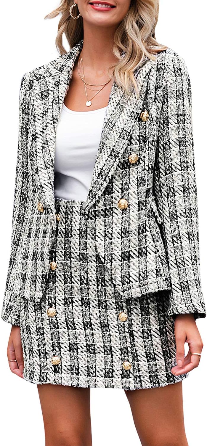 MsLure Women's Plaid Two Piece Set Long Sleeve Tweed Blazer Office Skirt Suit