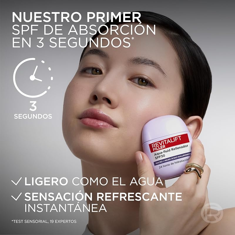 L'Oréal Paris Revitalift Filler Aqua-fluid SPF30 Filler, 24h de hidratação* com proteção solar UV, ácido hialurónico e niacinamida, absorção em 3 segundos, textura clara, formato de bolso, 40ml