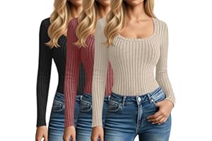 Velvelhall 3 Pack Women's Long Sleeve Tops, Scoop Neck Ribbed Knit Shirt Slim Fit Pullover Sweater Casual Basic Thermal Shirt