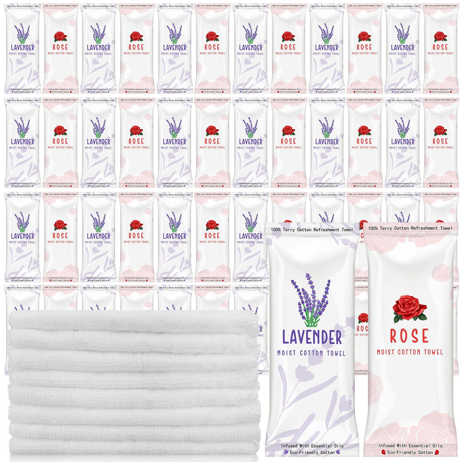 Photo 1 of 50 Pcs Moist Towelettes Individually Wrapped Scented Disposable Face Towels Essential Oil Infused Moist Terry Cotton Towel for Use Hot or Cold Travel Body Spa (Rose, Lavender)