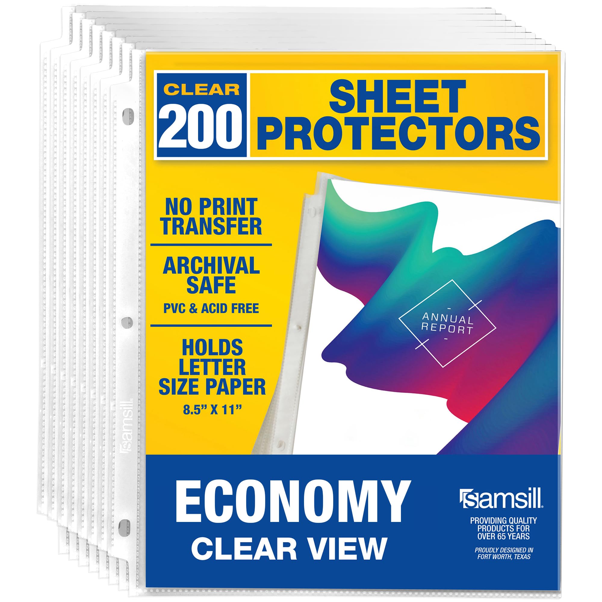 Samsill Plastic Sheet Protectors for 3 Ring Binder, Clear Standard Weight, Packaging May Vary, Top Load Inserts, Box of 200 Sheets, 8.5 X 11, Reinforced 3 Hole Punch.