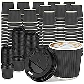 Uiifan 100 Set 4oz Disposable Espresso Cups with Lids Ripple Corrugated Paper Disposable Coffee Insulated Hot Ripple Cups for hot Chocolate, Tea, and Cocoa Drinks(Gray)