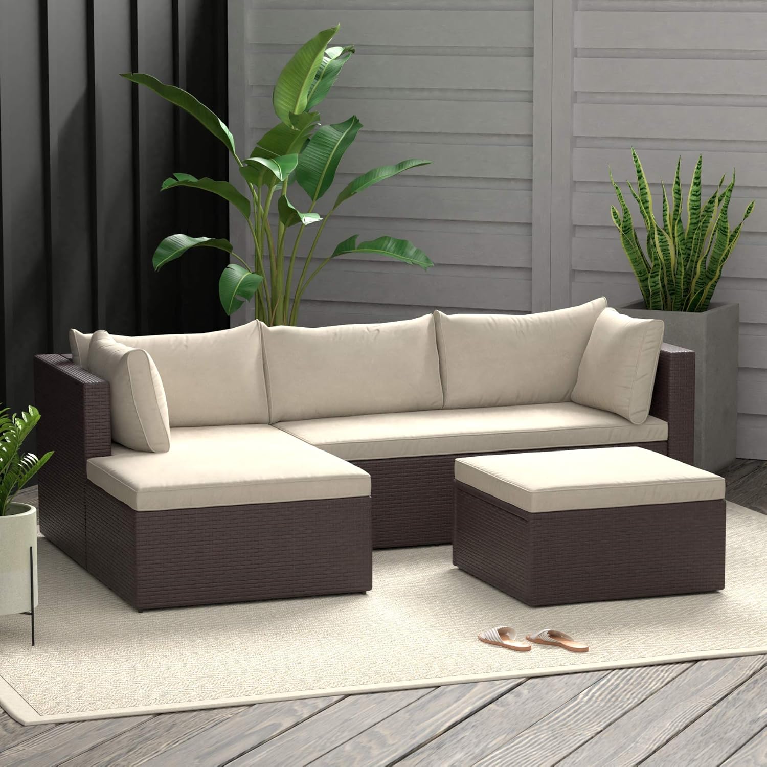  Basics Outdoor Reversible Chaise Wicker Rattan Sectional 3-Piece Set with Cushions and Ottoman, Brown : Garden & Outdoor