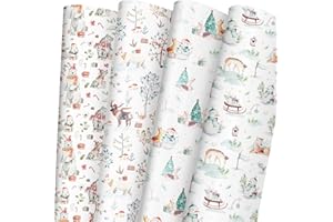 GIOLNIAY GIOLAINY Woodland Christmas Wrapping Paper for Kids - Winter Forest Animals Xmas with Deer, Fox, Polar Bear, Wolf, Snow Leopard Holiday Design - 6 Jumbo Sheets (28 x 40 inches), Easy to Store