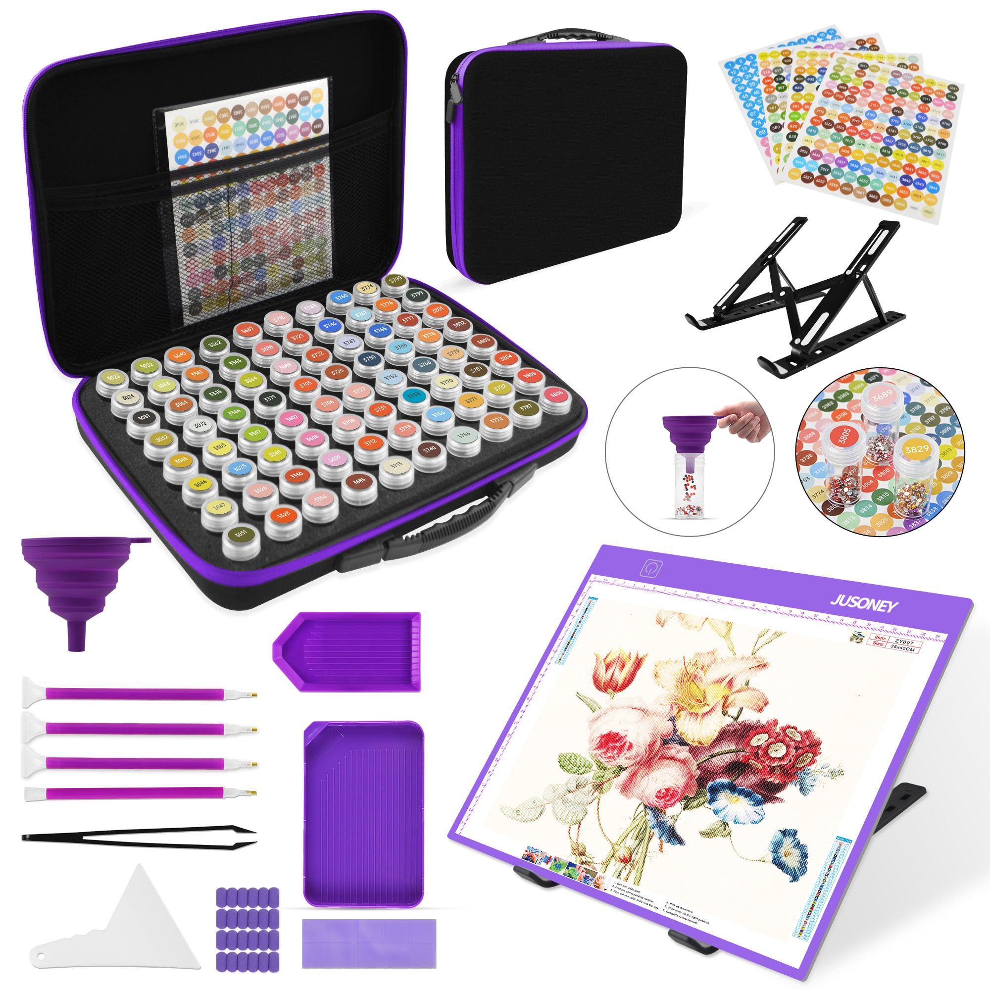 Jusoney Diamond Painting Storage Boxes,1 Diamond Painting Kit A4 Tracing Light Box with 3 Brightness, 80 Slots Bead Storage with 5D Diamond Art Accessories and Tools Kit