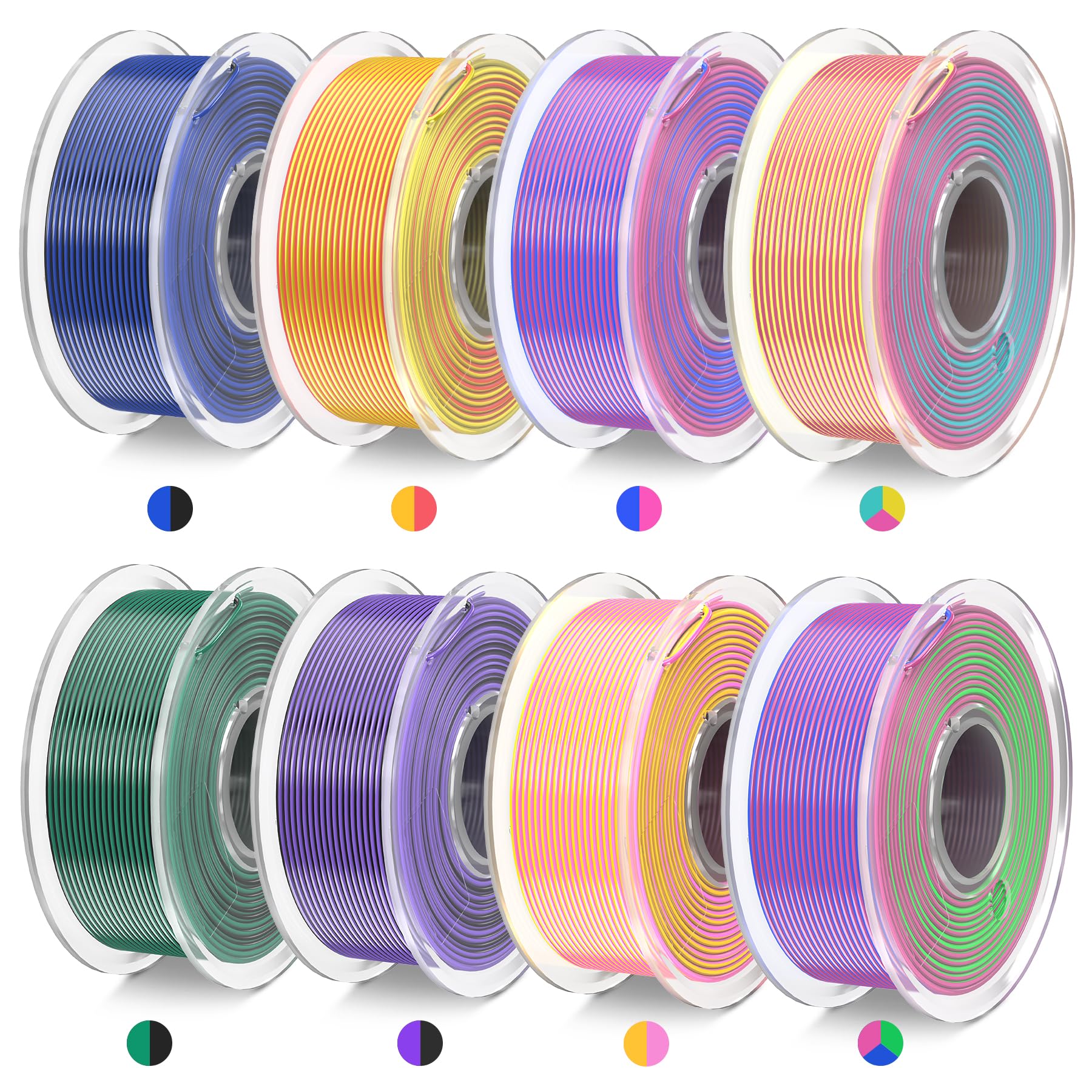 Photo 1 of JAYO 3D Printer Filament Bundle, Dual & Triple Color Silk Filament, 250g Spool, 8 Rolls, 2kg in Total