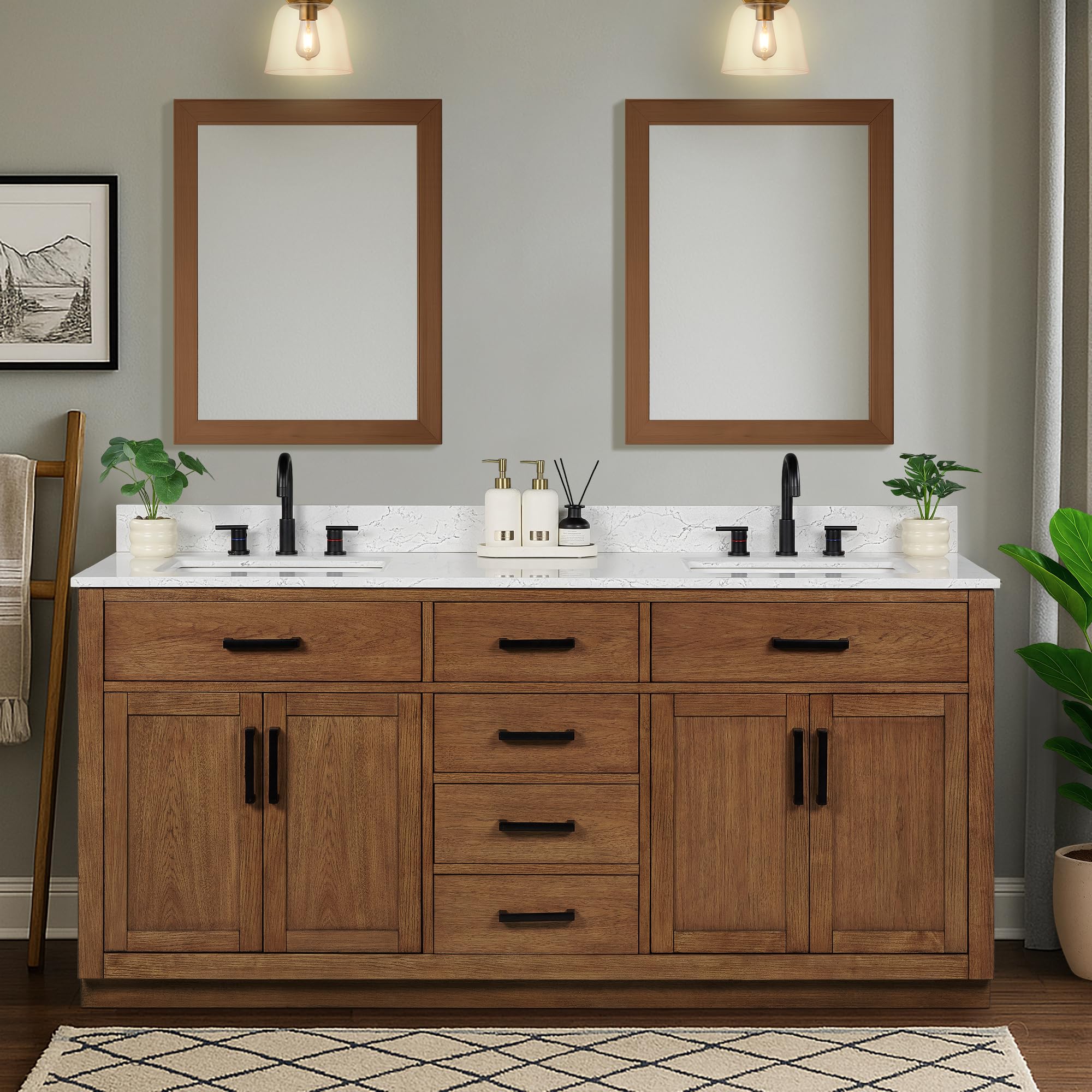 Photo 1 of XWNE 72-inch Dark Walnut Bathroom Vanity with 2 Sinks, Solid Wood, 0.79-inch Stone Countertop and Backsplash, 6 Drawers, 4 Soft Closing Doors