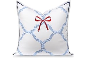 Hofdeco Premium Coastal Hampton Patio Indoor Outdoor Throw Pillow Cover Only, 20"x20" Water Repellent for Backyard, Couch, Poolside, Azure Blue Red Embroidered Ribbon Bow Tie on Leaves
