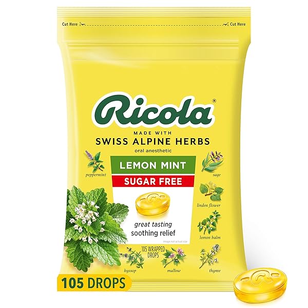 RICOLA SUGAR FREE LEMON MINT HERBAL COUGH SUPPRESSANT THROAT DROPS, 105CT BAG