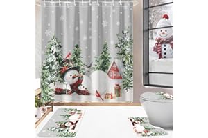 LINDAMELER Christmas Shower Curtain Sets 4pcs Winter Snowman Pine Tree Bathroom Decor Set with Showe Curtain Rugs Toilet Lid Cover, Xmas Tree Holiday Bath Curtain with 12 Hooks (Gray, 71" L x 71" W)