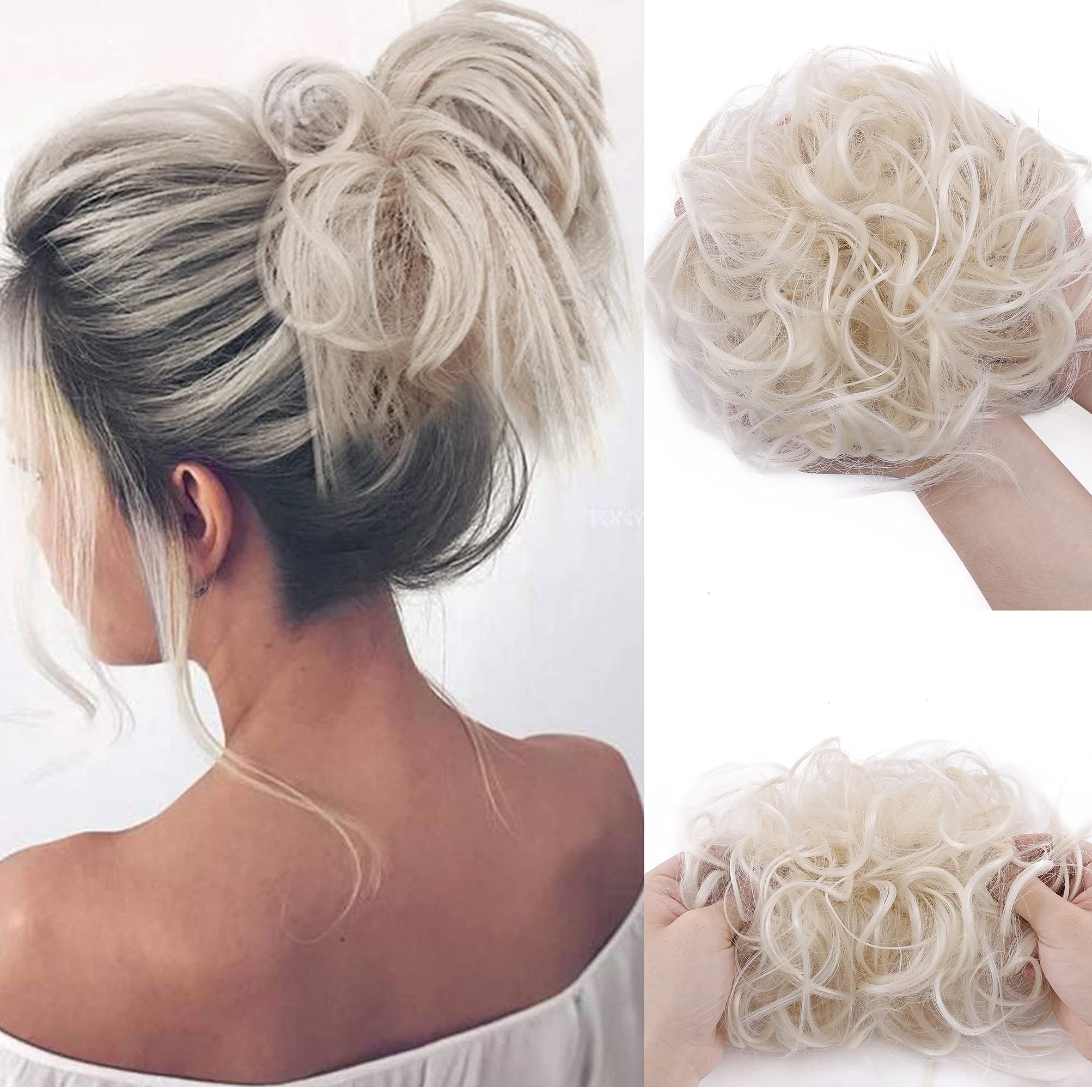 Tousled Updo Messy Bun Hair Extension Instant Ponytail With Elastic Rubber Band Updo Chignon Donut Scrunchies Extensions Hairpiece Synthetic Wavy Hair Light Blonde