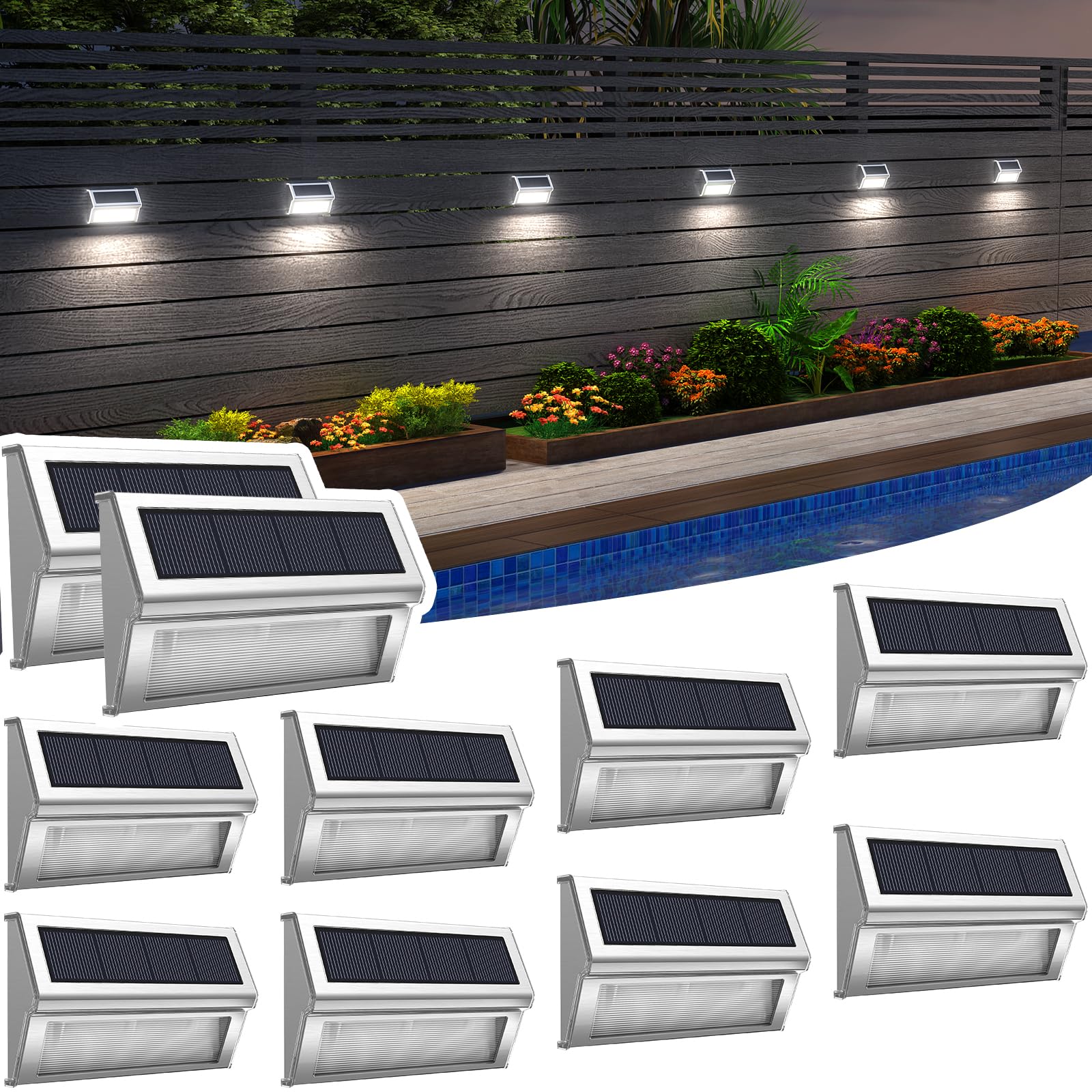 ROSHWEY Solar Outdoor Lights, 10 Pack 9LED Solar Fence Lights Stainless Steel Solar Powered Deck Step Lights Waterproof for Backyard Fences Decks Post Steps Stairs Pathway Patio