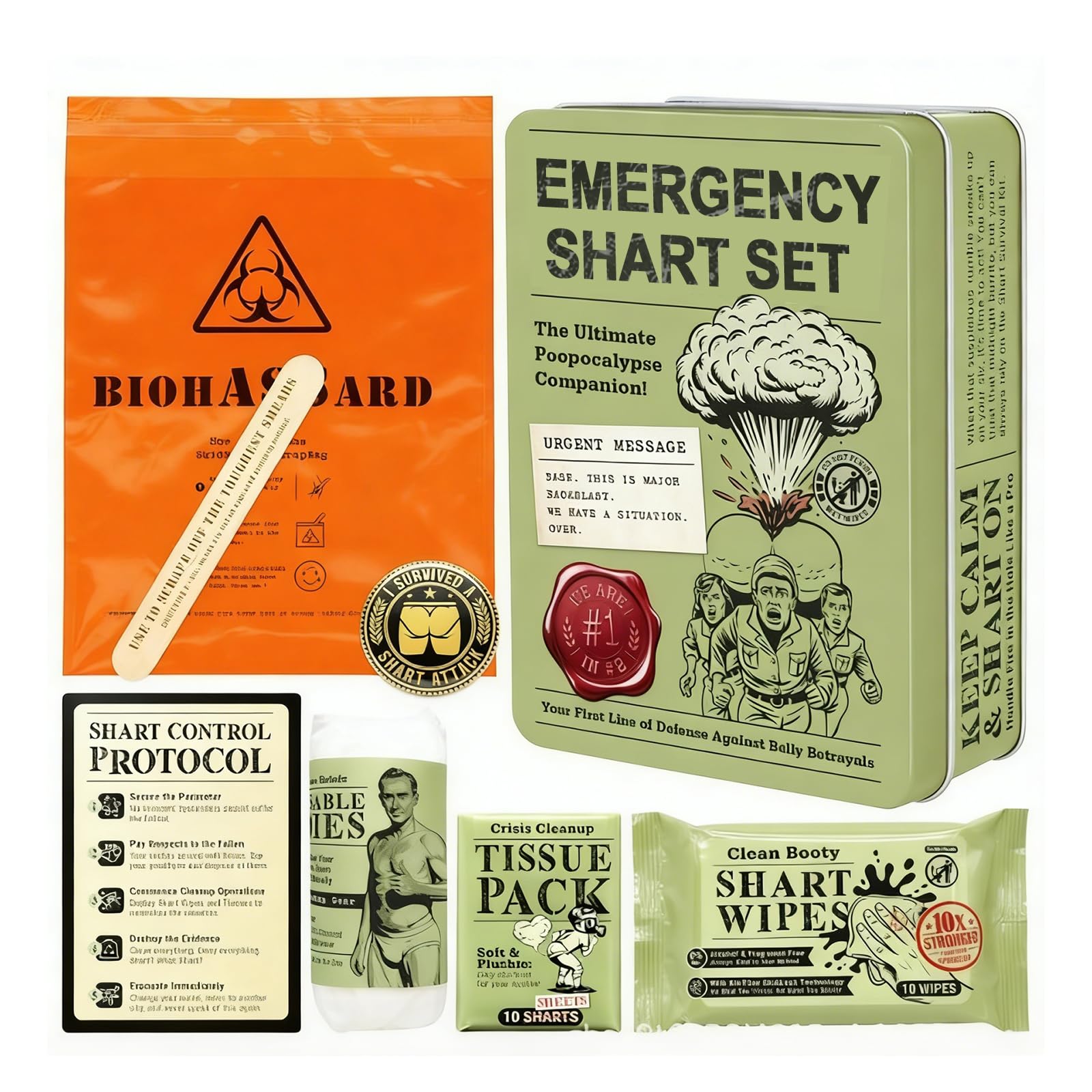 Valicaer Funny Sh-art Emergency Sur-vival Kit,Travel Survival Kit,Jokes and Pranks Gift Kits with Emergency Supplies for Adults, Novelty Annoying Present for Birthday April Fools Day Valentines（Green）
