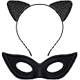 Cheerin Black Cat Woman Mask and Ears - Glittered Kitty Ear Headband - Masquerade Mask - Cat Woman Accessories Costume
