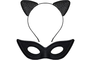 Cheerin Black Cat Woman Mask and Ears - Glittered Kitty Ear Headband - Masquerade Mask - Cat Woman Accessories Costume