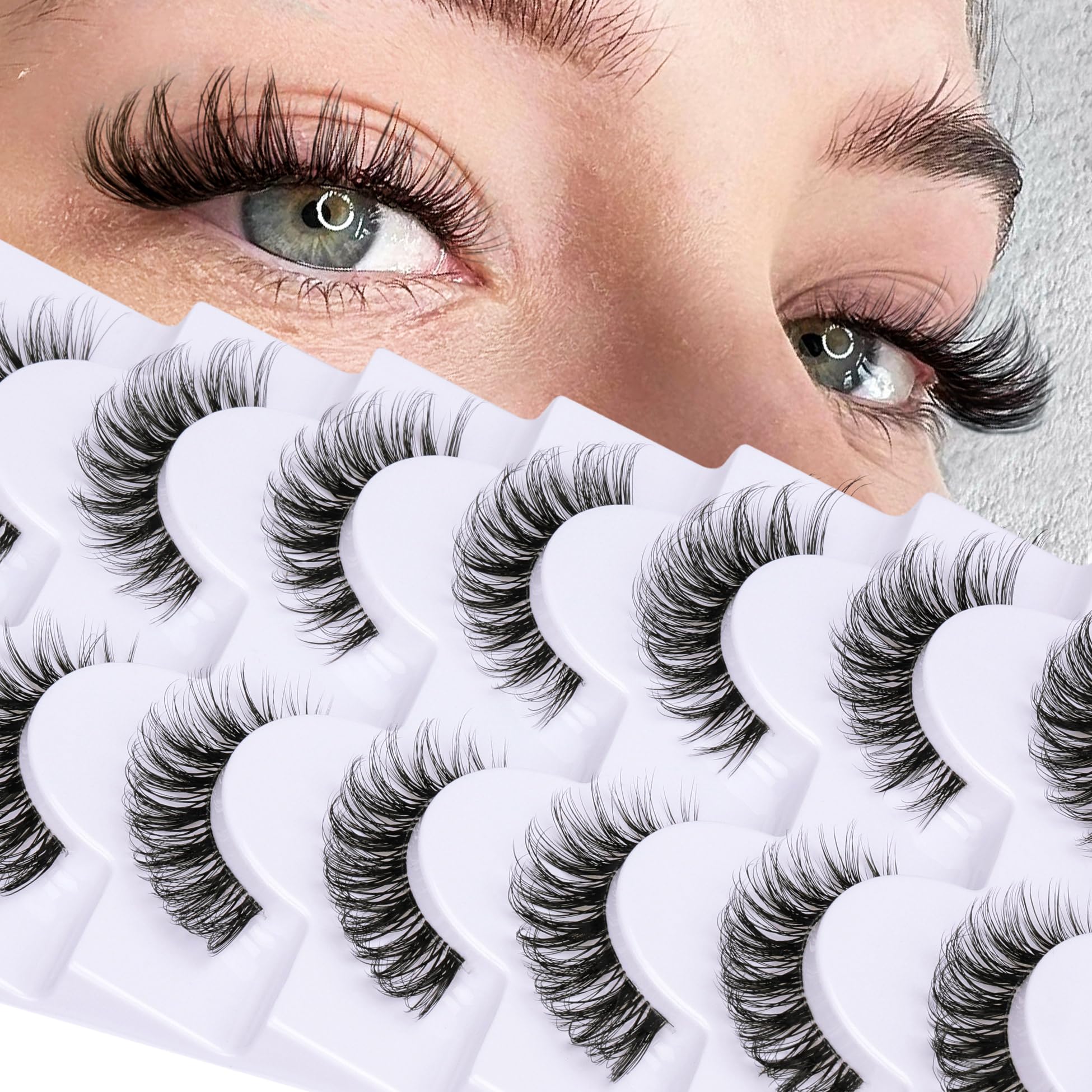 Goddvenus False Eyelashes - Natural Look Wispy CC Curl Russian Eyelashes, 14mm Clear Band Strip Lashes That Look Like Extensions, Cat Eye Lashes - Pack of 7 Pairs