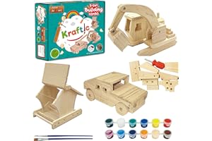 Kraftic Woodworking Building Kit for Kids and Adults, 3 Educational DIY Carpentry Construction Wood Model Kit STEM Toy Projects for Boys and Girls - Wooden Military Vehicle, Excavator and Bird-Feeder
