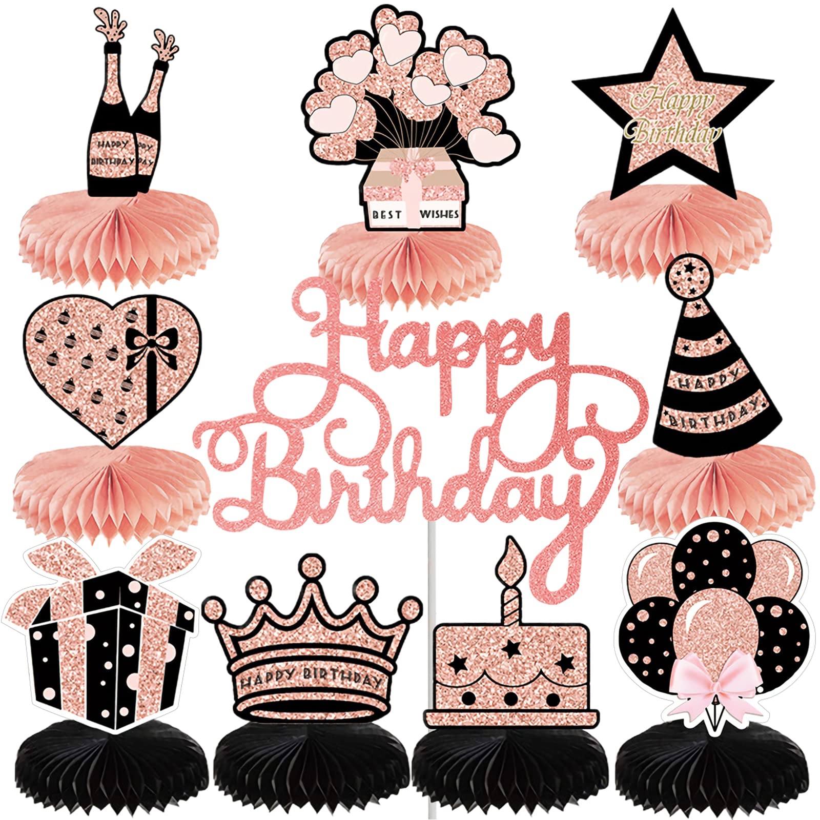 SPOKKI 10 Pcs Birthday Decorations, Rose Gold Honeycomb Table Centerpieces & Cake Topper, Reusable & Durable, Perfect for Birthday Parties