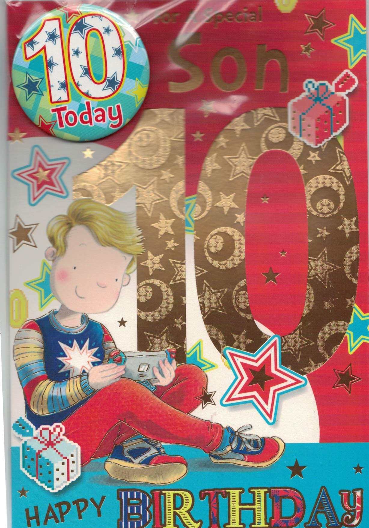 SON AGE 10 TEN BIRTHDAY CARD WITH BADGE***9 X 6 INCHES**1ST CLASS POST**AE6**