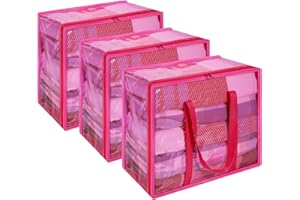 Vieshful Pink 40L Clear Clothes Storage Bag with Zipper 3 Pack Colorful Clothes Organizer Vinyl Storage Bag for Comforter, Blanket, Bedding, Duvet, Transparent Moving Totes