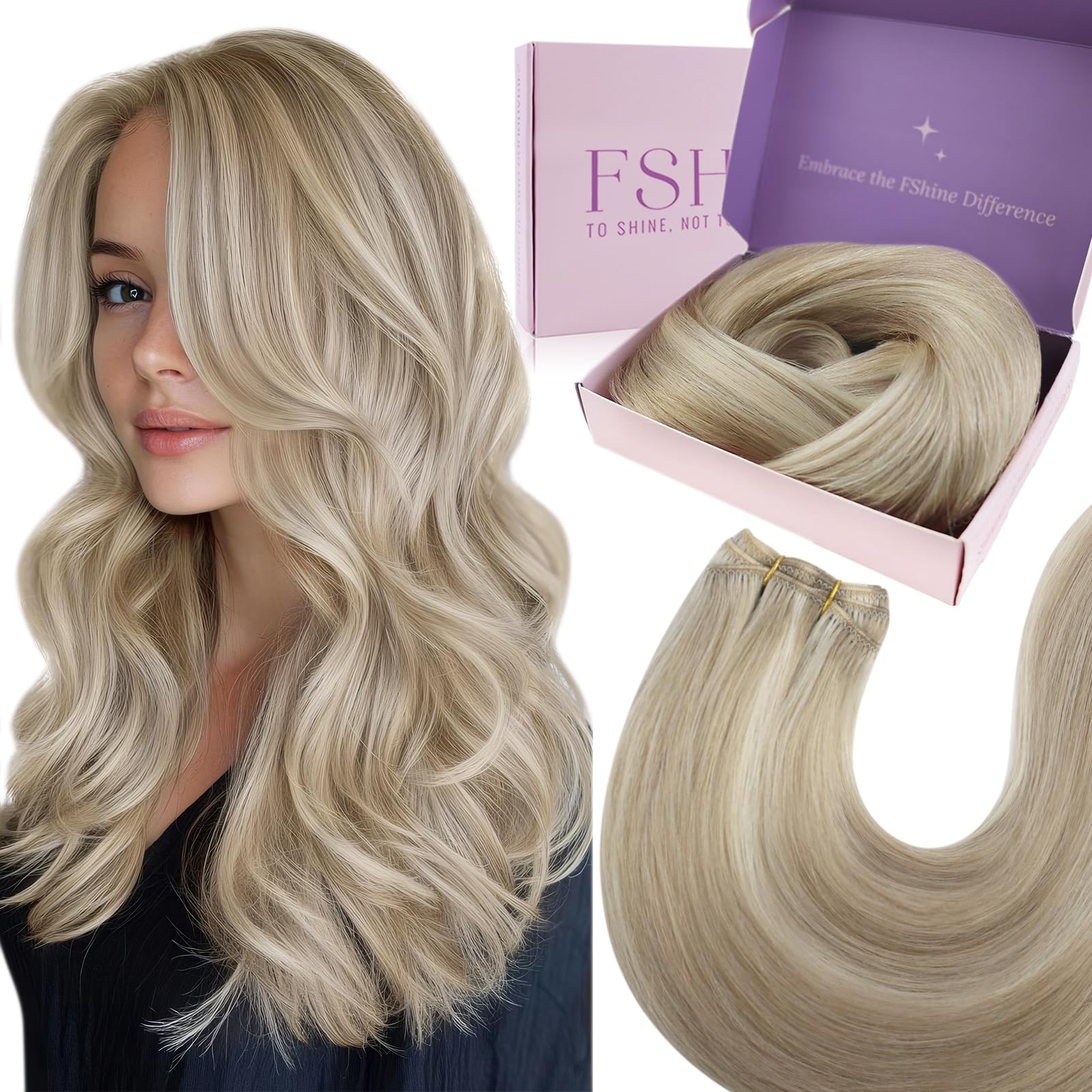 Fshine Hair Weft Extensions,14 Inch 100 g,Remy Human Hair Extensions,Color 18P613 Highlight Blonde,Straight Silky Soft Texture,Lightweight Comfortable Fit,Gentle to Hair,for Women — image 1