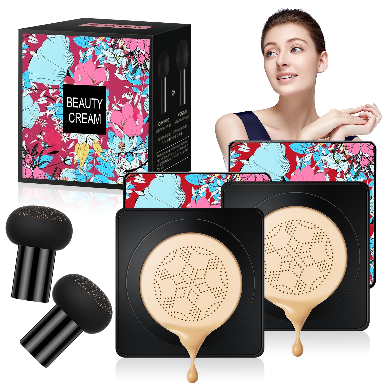 2 Pcs Mushroom Head Air Cushion, Moisturizing & Oil Control Foundation Cover Concealer, Long Lasting CC Cream with Mushroom Makeup Sponge, Liquid Foundation for Makeup