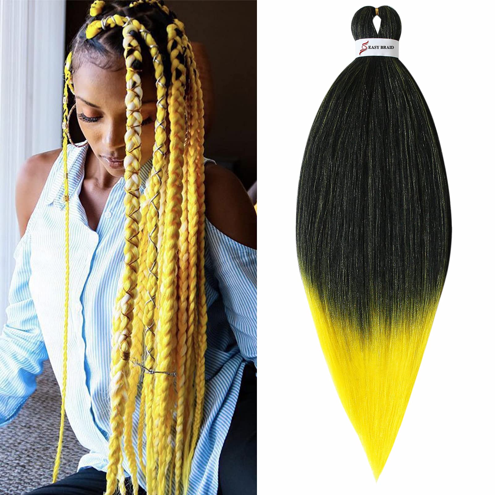 Pre stretched Braiding Hair Easy Braids 26inch 1pack Professional Hair Extensions Hot Water Setting Synthetic Fiber Crochet Twist Hair Yaki Texuture Itch Free Long Soft(Black&Yellow)