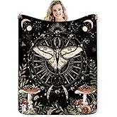 Miyotaa Moth Mushroom Gothic Flannel Blanket 50Wx60H Inch Gift Witchy Mysterious Moon Phase Goth Night Soft Warm Fuzzy Throw Blanket for Couch Sofa Office Bed Travelling Bed Throws Birthday Presents