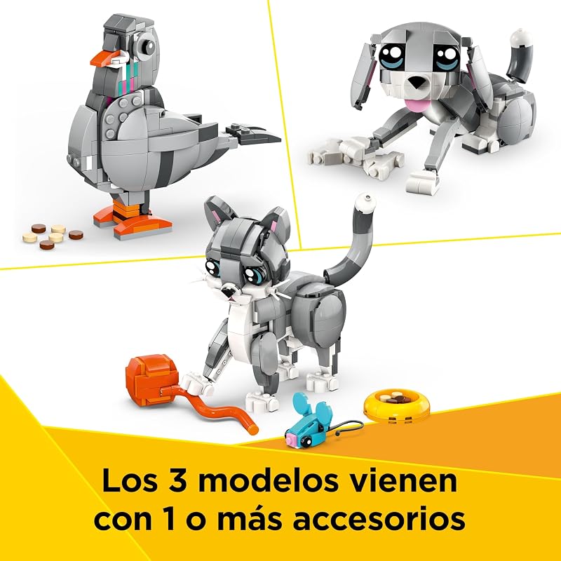 LEGO Creator 3 em 1 Gato Brincalhão Transformável em Toy Dog ou Pombo , Jogo de Animais, Figuras Articuladas, Presente de Aniversário para Meninas e Meninos 8 Anos e Mais Velhos 31163