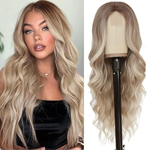 NAYOO Long Blonde Wavy Wig for Women 26 Inch Middle Part Curly