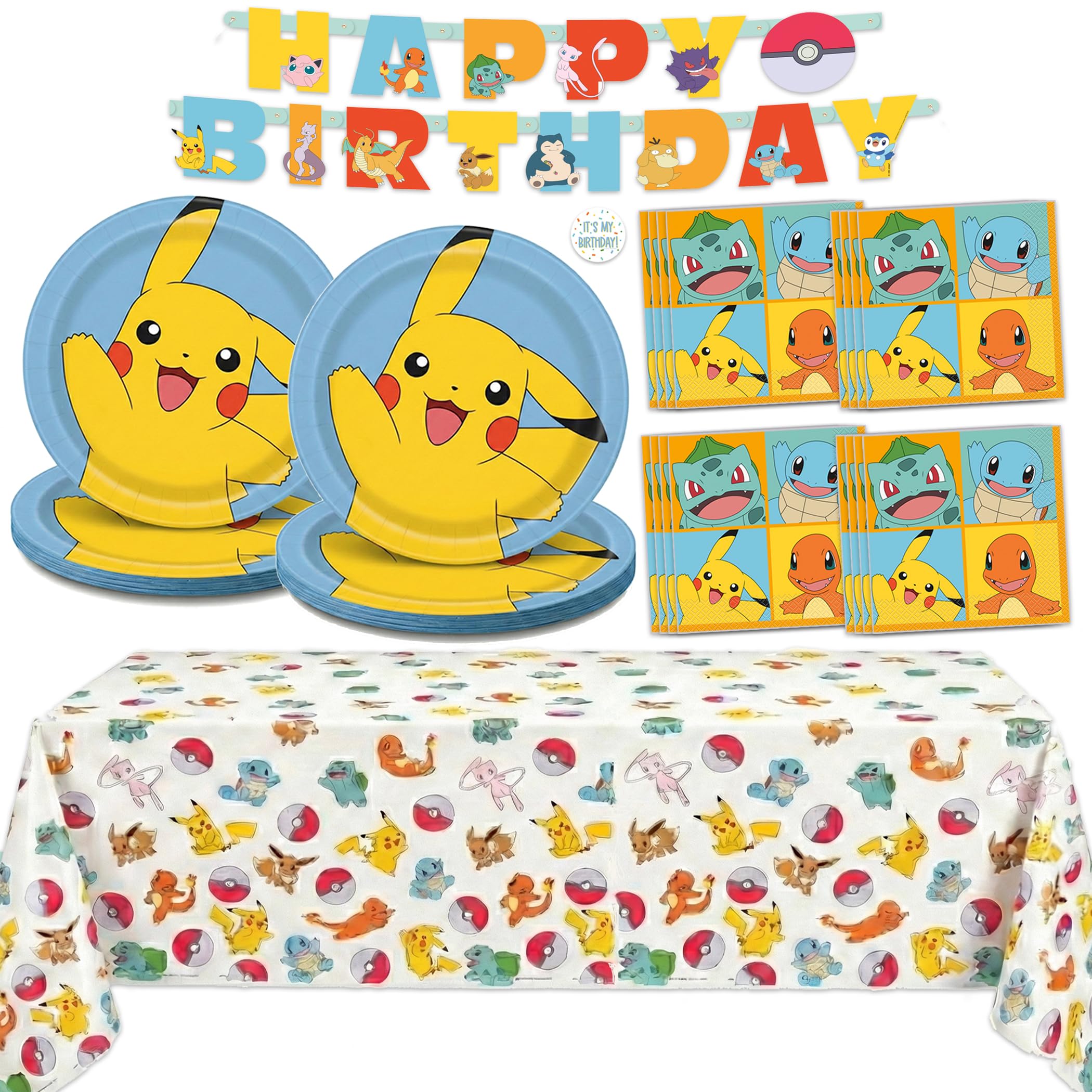 Pokemon Birthday Decorations Party Supplies for 16 - Officially Licensed Banner, Tablecloth, Plates, Napkins, Sticker