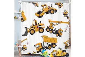 Riyidecor Construction Truck Shower Curtain Boys Excavator Cartoon Yellow Kids Machinery Bathroom Home Decor Set Waterproof Polyester 72Wx72H Inch 12 Pack Plastic Hooks WW-CSVI