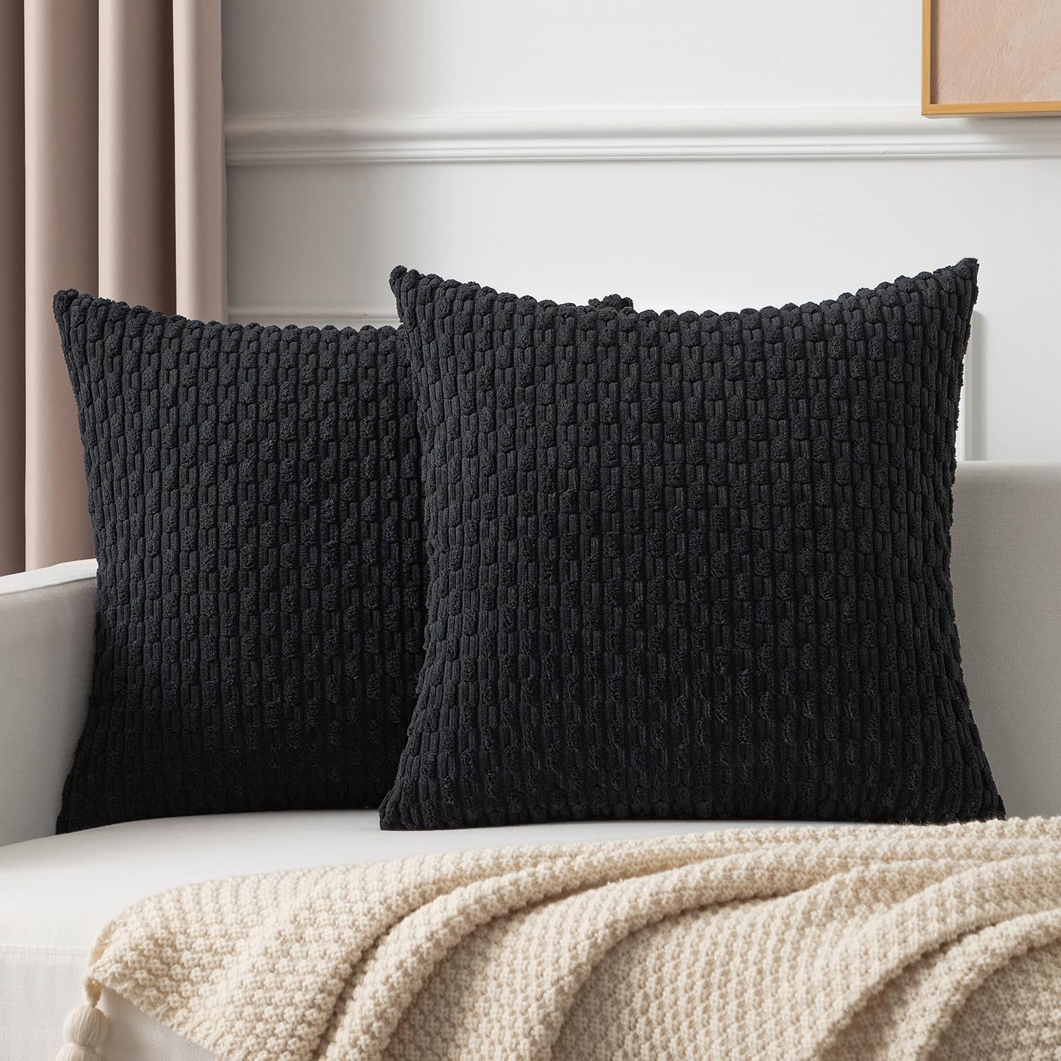 Photo 1 of Kevin Textile 2 Packs Decorative Pillow Covers for Couch Outdoor Pillows Cover Boho Striped Velvet Pillow Covers Set of 2 40cm x 40cm 16 x 16 Inch Black
