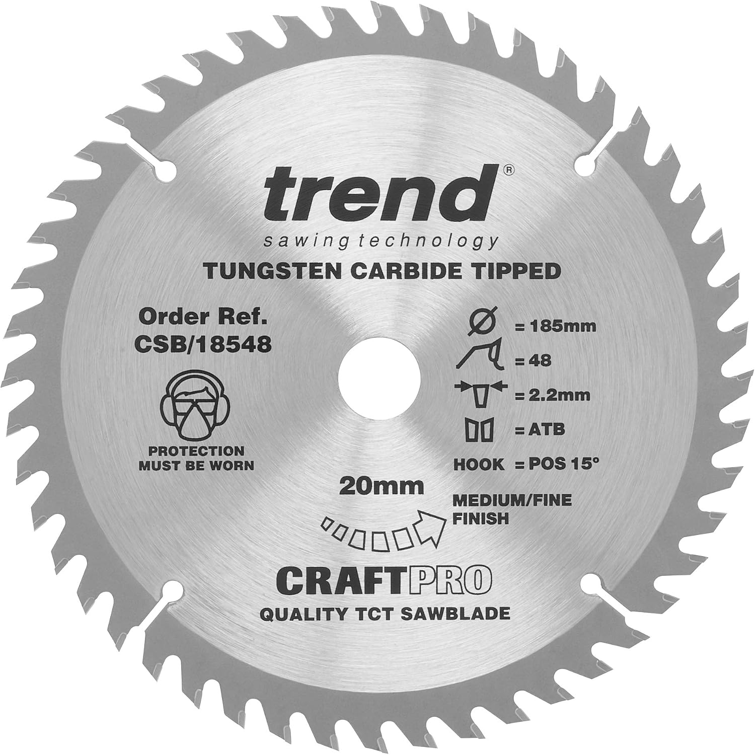Trend Wood Cordless Circular Saw Blade, 185mm Diameter, 20mm Bore, 48 Teeth, 1.8mm Kerf, +10° Hook, TCT, Fine Finish, CSB/18548