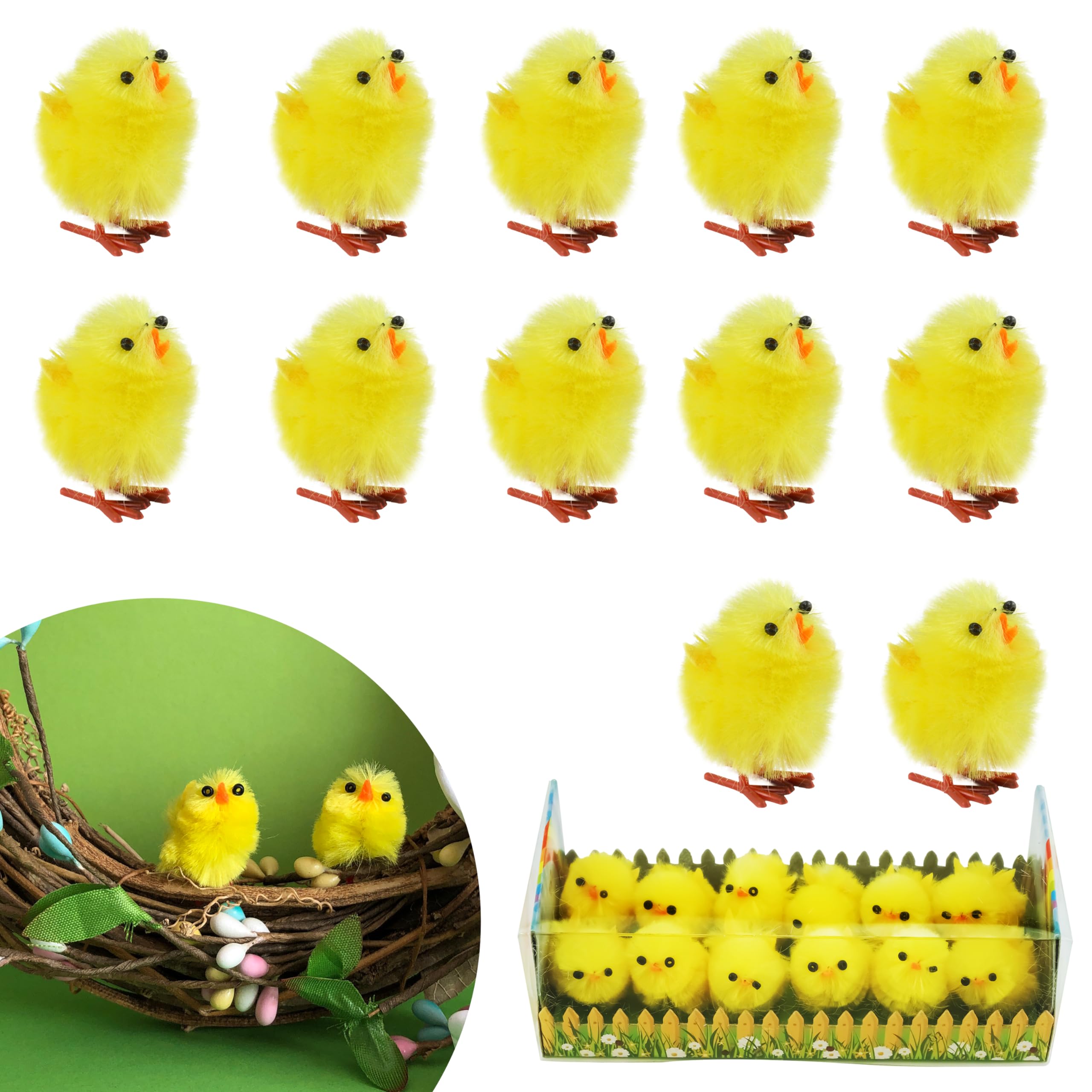 12Pcs Easter Fluffy Chicks, DIY Arts and Crafts, Adorable Face Chick Ornaments, Bonnet and Hunt Decor for Easter, Party Favours Supplies 3.5cm