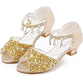 Furdeour Sparkly Girls Dress Shoes Princess Shoes High Heels Peep Toe Low Heel Glitter Toddler Big Kid Wedding Party