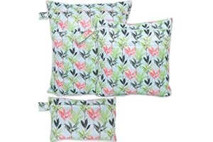 SANFERGE 3pcs Baby Cloth Diaper Wet Dry Bags, Waterproof Reusable Wet Bag with 2 Zipper Pockets & Handle, Washable Laundry Bags for Travel Beach Pool Daycare Yoga Gym Exercise Swimsuits, SML, Flower