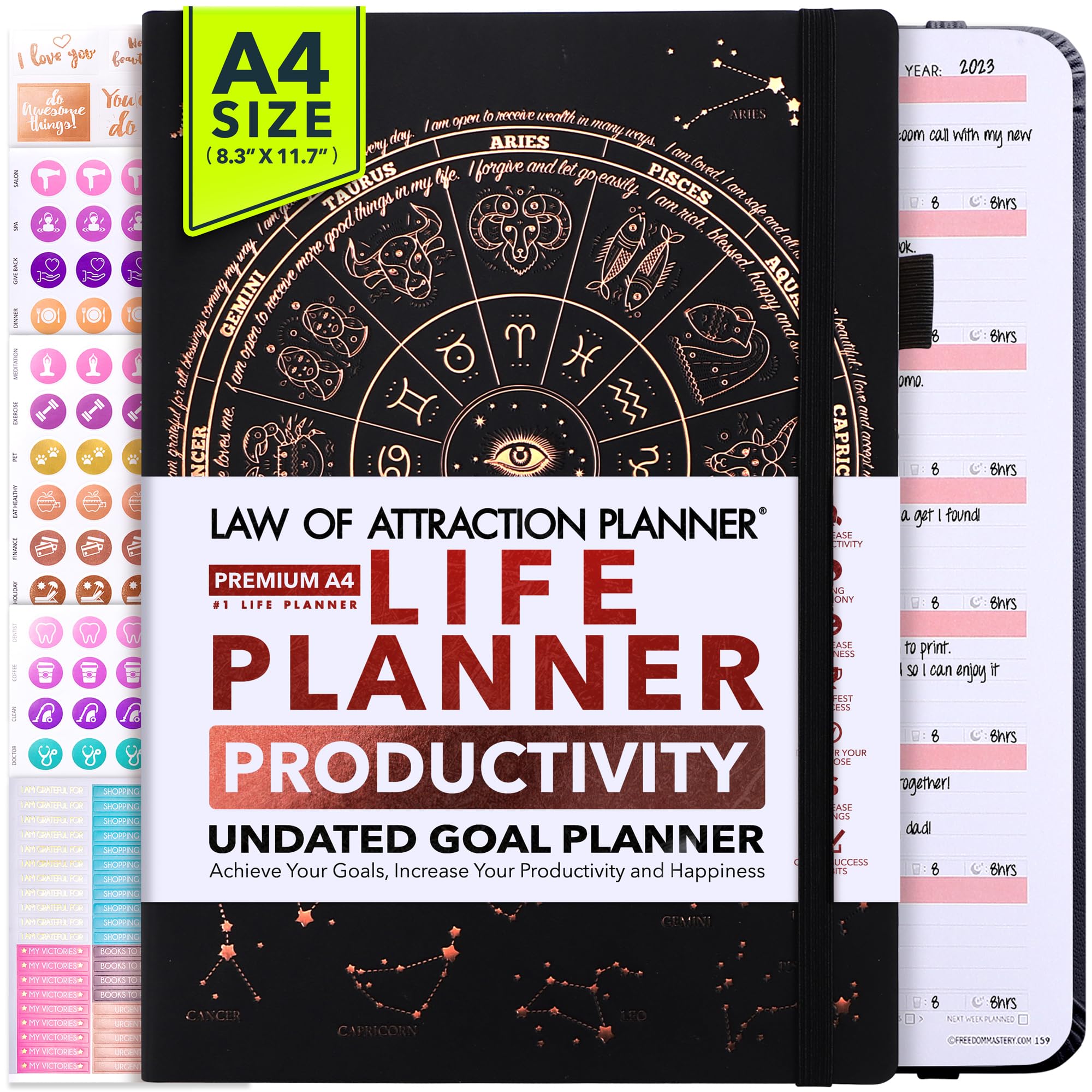 Life Planner - Undated Weekly & Monthly Planner, 12-Month Journey to Increase Productivity | Gratitude Journal, Life Organizer & Goal Journal | Include Foldable Vision Board, Habit Tracker & Stickers Image