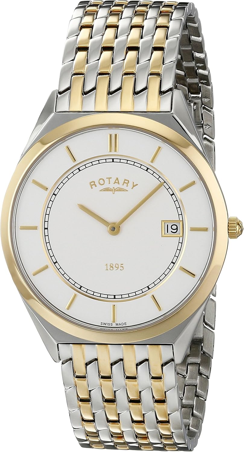 Gents Mens Two Tone Stainless Steel Ultra Slim Rotary Quartz Battery