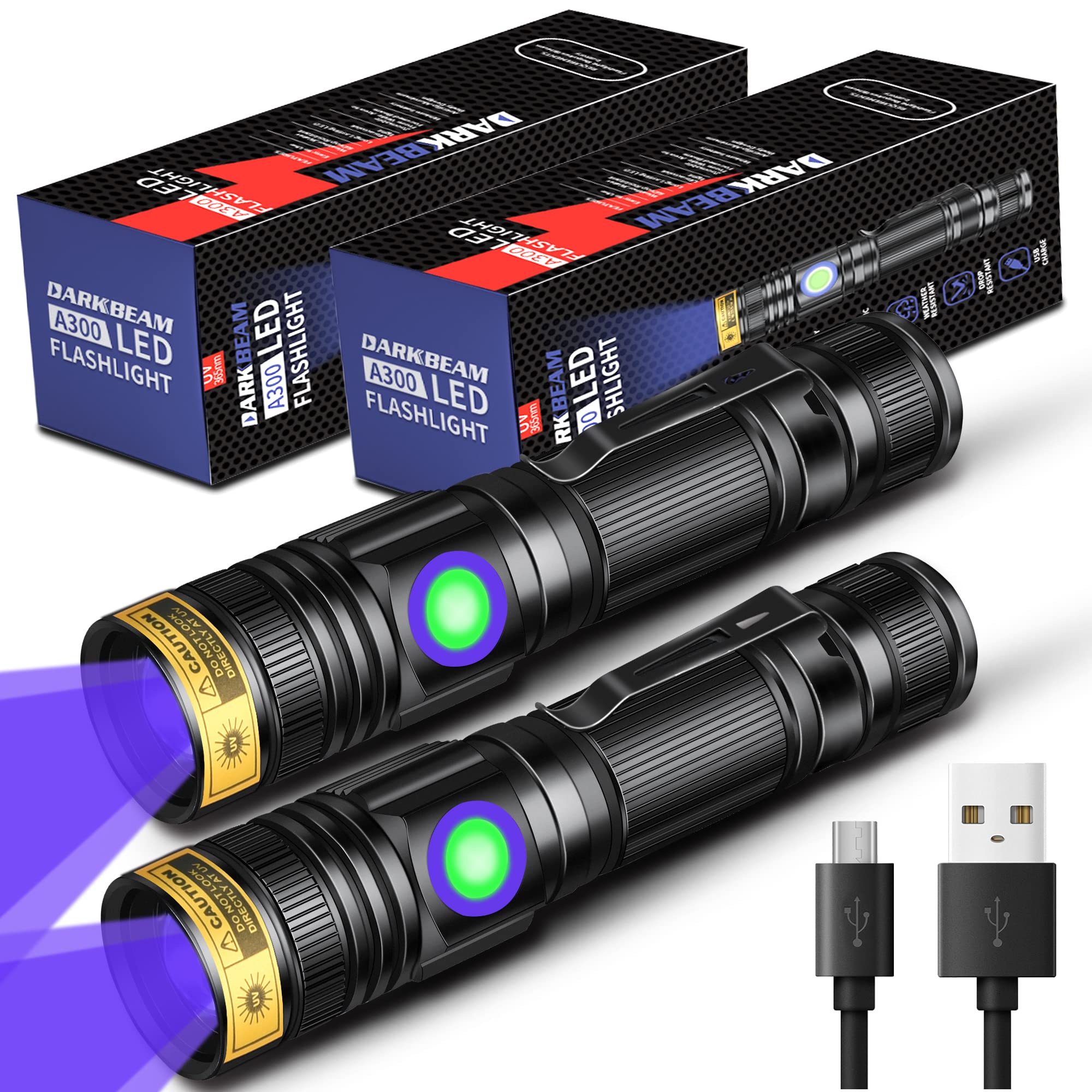 DARKBEAM UV Light Torch Ultraviolet Flashlight Rechargeable 365nm, Wood Lamp Black Light Blacklight Portable Mini Handheld LED Pet Urine Ringworm Detector, Resin Curing, Pocket-Sized, 2 Pack