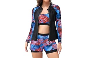SHEKINI Women's 3-Piece Zipper Rash Guard Swimsuits with Tank Bikini Top & High Waist Boyshort