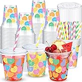Jingmore 50 Pcs Valentine's Day Plastic Cups with Lids and Straws 12oz Candy Conversation Heart Disposable Cups Clear Love Drinking Party Supplies for Valentines Party Wedding Anniversary Birthday