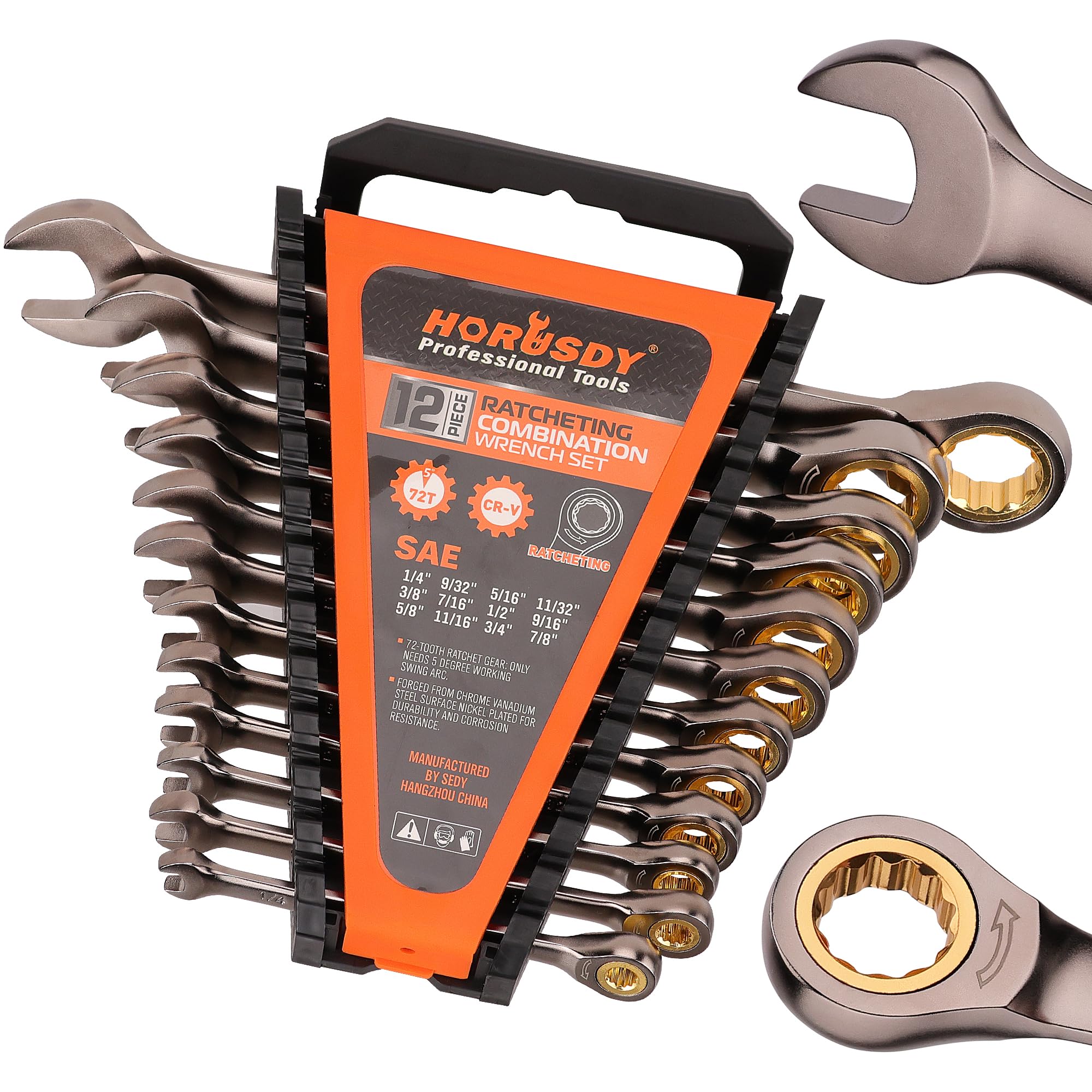 Photo 1 of HORUSDY 12-Piece SAE Ratcheting Wrench Set | 1/4” to 7/8“ | Ratchet Combination Wrenches Set with Organizer | 72-Teeth | Chrome Vanadium Steel