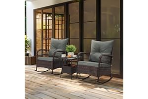 MELLCOM 3 Pcs Outdoor Rocking Chairs Set, Patio Bistro Sets with Thick Cushions and Glass Table for Balcony Front Porch Poolside Deck, Grey