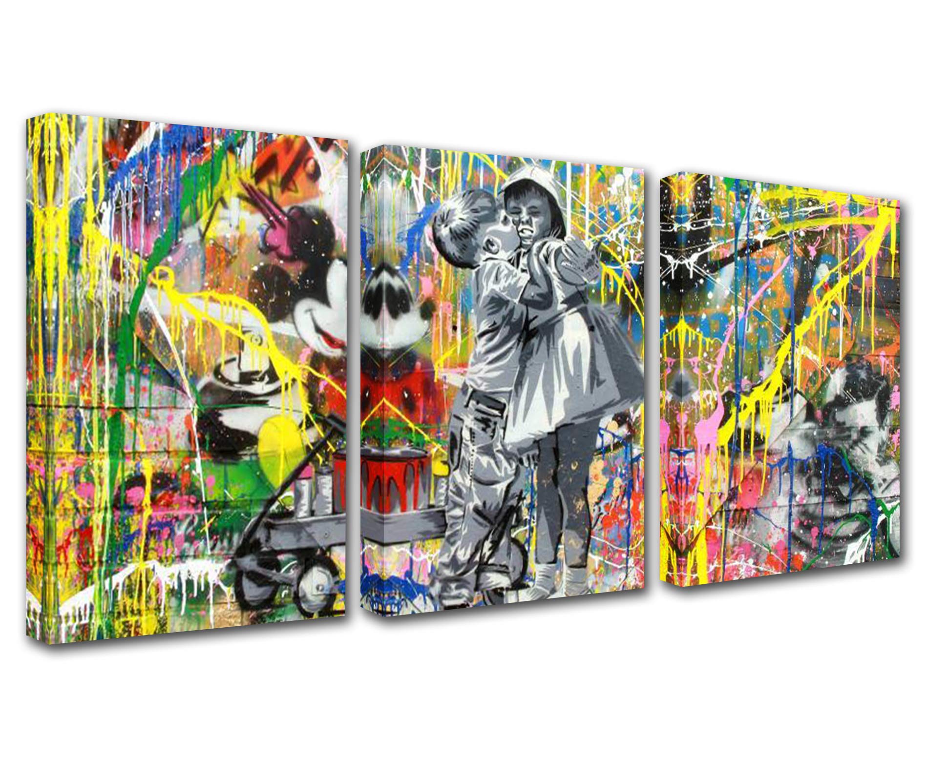 Walarky Banksy Canvas Wall Art for Living Room Decor 3 Pieces Kissing Face Graffiti Street Art Picture Print Pop Art Cute Kitchen Wall Decor Abstract Artwork Home Decor Room Wall Pictures 42x20 Inch