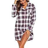 ENJOYNIGHT Women's Sleep Shirt Flannel Print Pajama Top Button-Front Nightshirt Sleepwear
